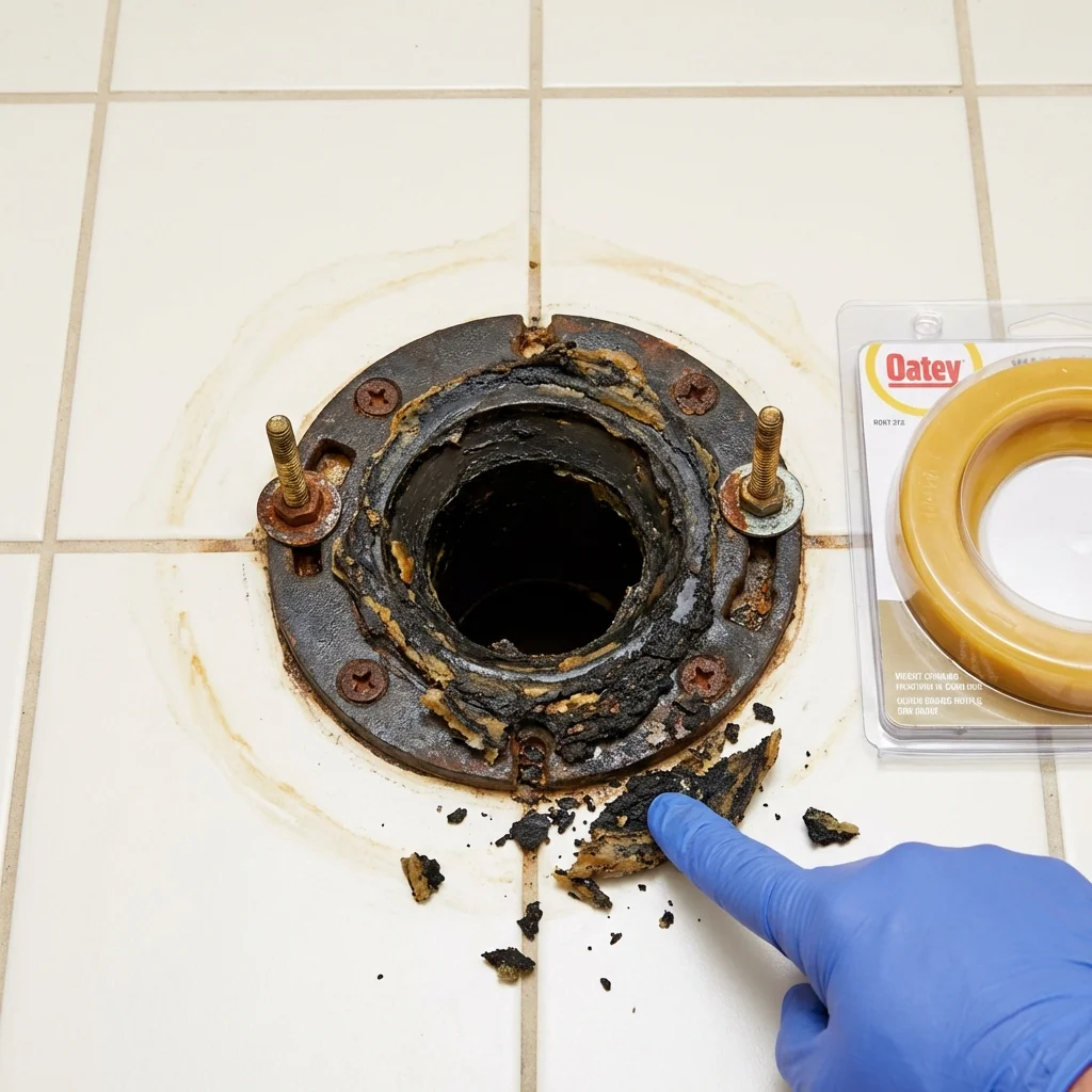 Failed wax ring showing water seepage at the base of a toilet in a Dunnellon, FL home